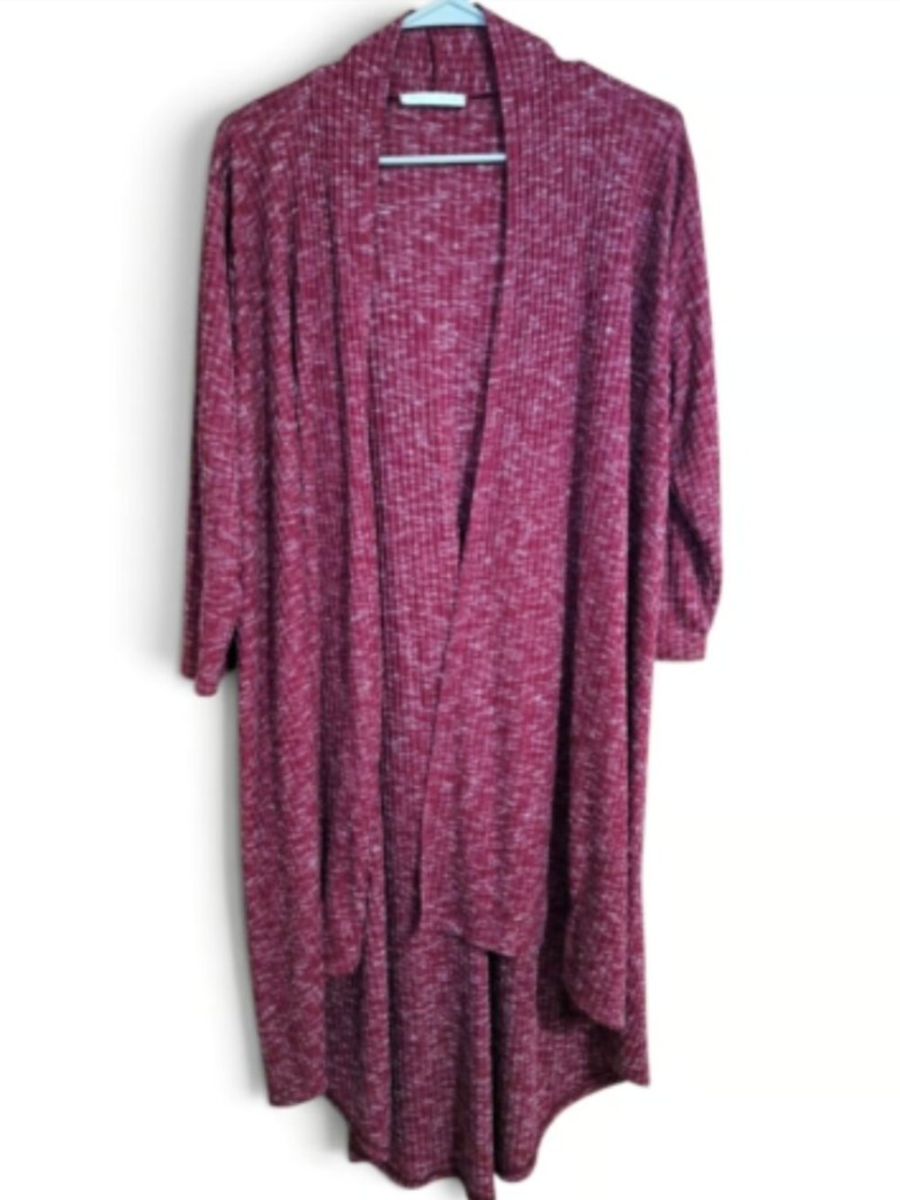 Women's Reborn J Heathered Burgundy 3/4 Sleeve Open Plus Size Cardigan~1XL